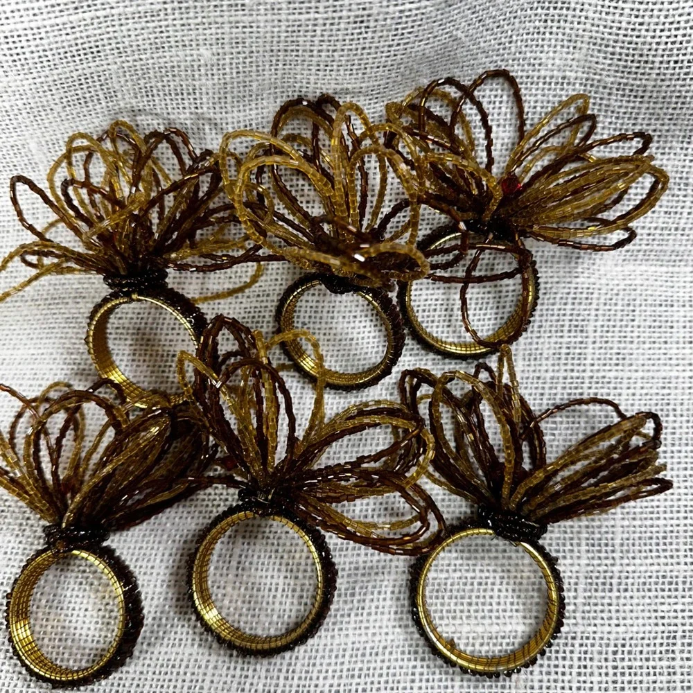Set of 6 Beaded Napkin Rings Amber‎ Bronze Brown Floral Glass Bead Table Decor